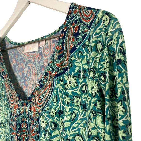 Belle by Kim Gravel Floral Boho Print Knit Top Paisley Tapestry Popover Green 2X - Picture 4 of 6